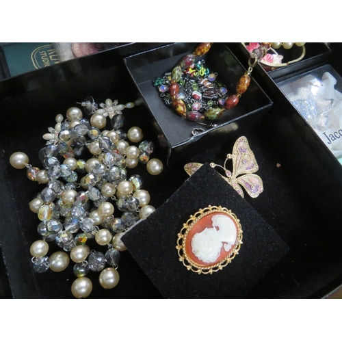 56 - TWO LARGE TRAYS OF ASSORTED COSTUME JEWELLERY ETC., to include examples by Christopher Radko, Kirks ... 