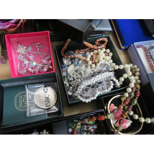 56 - TWO LARGE TRAYS OF ASSORTED COSTUME JEWELLERY ETC., to include examples by Christopher Radko, Kirks ... 