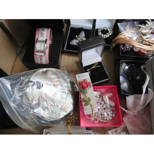 56 - TWO LARGE TRAYS OF ASSORTED COSTUME JEWELLERY ETC., to include examples by Christopher Radko, Kirks ... 