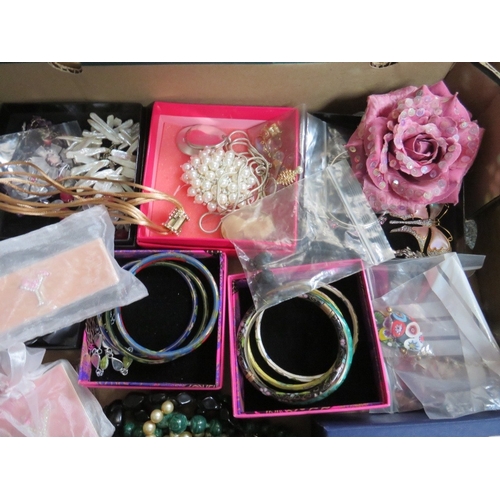 56 - TWO LARGE TRAYS OF ASSORTED COSTUME JEWELLERY ETC., to include examples by Christopher Radko, Kirks ... 