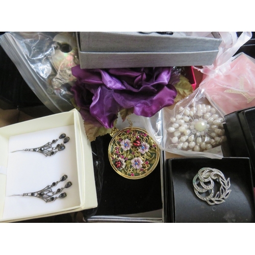 56 - TWO LARGE TRAYS OF ASSORTED COSTUME JEWELLERY ETC., to include examples by Christopher Radko, Kirks ... 