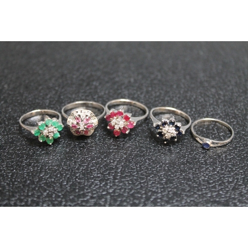 99 - A SELECTION OF FIVE SILVER AND WHITE METAL DRESS RINGS, all set with semi precious stones, approx co... 