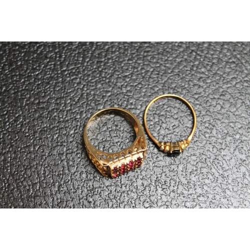 105 - TWO 14K YELLOW METAL RINGS, one set with rubies and the other a sapphire, both ring size N, approx c... 