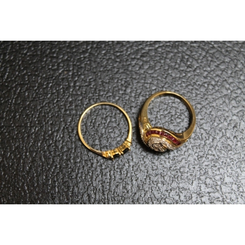 106 - TWO 14K YELLOW METAL RINGS CONSISTING OF A RUBY AND DIAMOND 'SWIRL' PATTERN RING,  approx weight 4.9... 