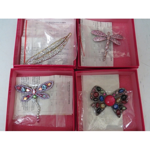 11 - FOUR ASSORTED BUTLER AND WILSON COSTUME BROOCHES, comprising a pink dragonfly - W 7 cm, a butterfly ... 