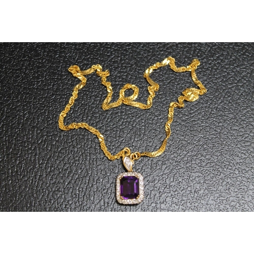 114 - AN AMETHYST AND DIAMOND PENDANT, set in unmarked yellow metal on an unmarked yellow metal chain with... 