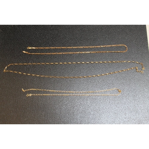 129 - A COLLECTION OF THREE ASSORTED 9 CARAT GOLD CHAINS, approx combined weight 15.5g