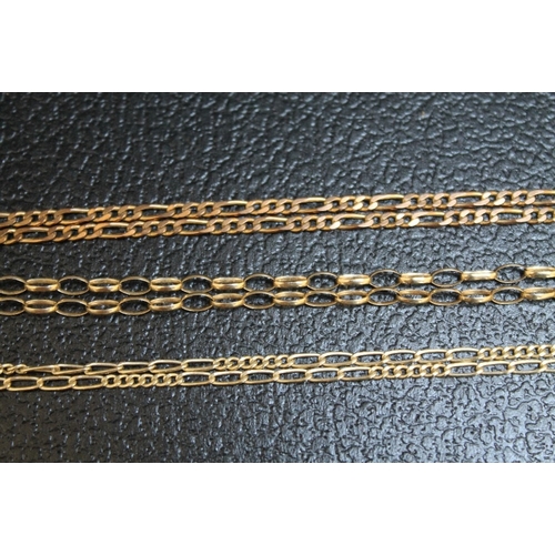 129 - A COLLECTION OF THREE ASSORTED 9 CARAT GOLD CHAINS, approx combined weight 15.5g