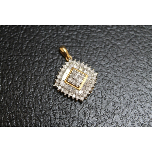 137 - A 9 CARAT GOLD DIAMOND CLUSTER PENDANT, set with brilliant and baguette cut diamonds, approx weight ... 