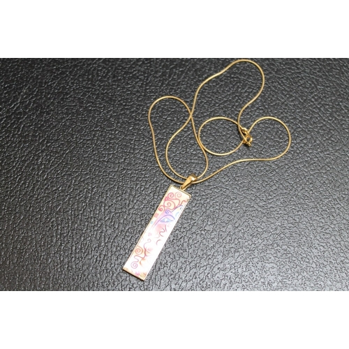 141 - A HALLMARKED 9 CARAT GOLD ENAMELLED RECTANGULAR PENDANT ON CHAIN, approx weight 9.7g, pendant H 6 cm