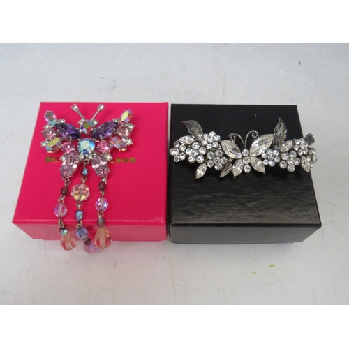 15 - THREE  BUTLER AND WILSON BUTTERFLY THEMED BROOCHES, largest W 7 cm, together with a dragonfly brooch... 