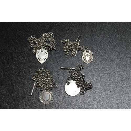 153 - A COLLECTION OF FOUR HALLMARKED SILVER POCKET WATCH CHAINS AND FOBS, approx combined weight 172g