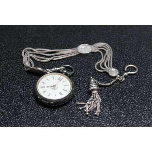 154 - A CONTINENTAL SILVER FOB WATCH AND ALBERTINA WATCH CHAIN, Dia 3.5 cm