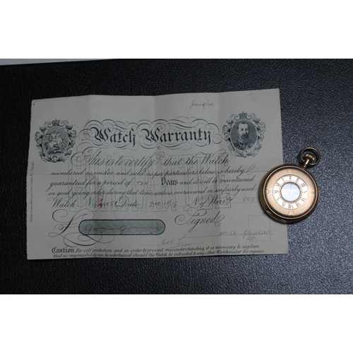 155 - AN ELGIN ROLLED GOLD HALF HUNTER POCKET WATCH, with original guarantee, Dia 50cm