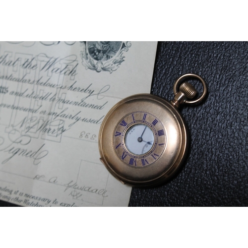 155 - AN ELGIN ROLLED GOLD HALF HUNTER POCKET WATCH, with original guarantee, Dia 50cm