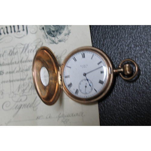 155 - AN ELGIN ROLLED GOLD HALF HUNTER POCKET WATCH, with original guarantee, Dia 50cm