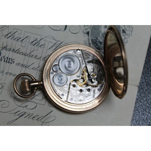 155 - AN ELGIN ROLLED GOLD HALF HUNTER POCKET WATCH, with original guarantee, Dia 50cm