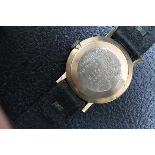 159 - A 9 CARAT GOLD SMITHS ASTRAL WRIST WATCH, with presentation engraving to back cover, Dia 3.5 cm