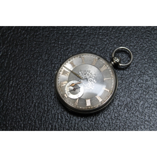 167 - A HALLMARKED SILVER OPEN FACED MANUAL WIND POCKET WATCH, with decorative silver dial, Dia 3.75 cm