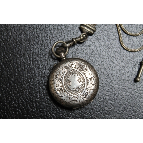 170 - A HALLMARKED SILVER FOB WATCH, on a white metal albertina chain, Dia 3 cm