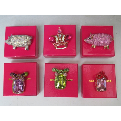 21 - A COLLECTION OF SIX BUTLER AND WILSON COSTUME BROOCHES, to include a pink pig - W 6 cm, an AB pig - ... 