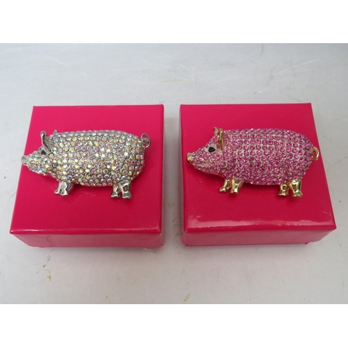 21 - A COLLECTION OF SIX BUTLER AND WILSON COSTUME BROOCHES, to include a pink pig - W 6 cm, an AB pig - ... 