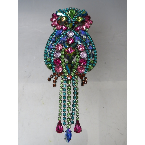 3 - A LARGE BUTLER AND WILSON MULTI COLOUR CRYSTAL OWL BROOCH, H 16.5 cm, together with a similar Butler... 