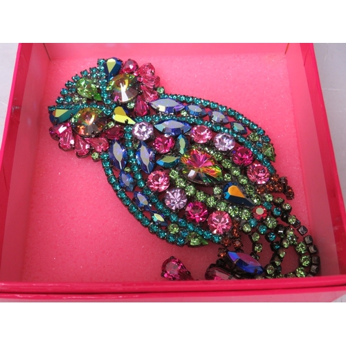 3 - A LARGE BUTLER AND WILSON MULTI COLOUR CRYSTAL OWL BROOCH, H 16.5 cm, together with a similar Butler... 