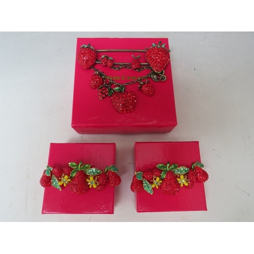 35 - THREE BUTLER AND WILSON STRAWBERRY THEMED BROOCHES, largest W 10.5 cm