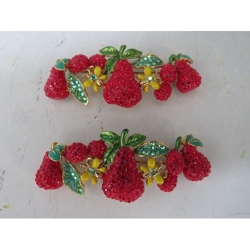 35 - THREE BUTLER AND WILSON STRAWBERRY THEMED BROOCHES, largest W 10.5 cm