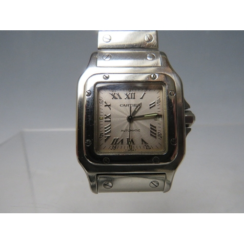 158 - A CARTIER SANTOS GALBEC AUTOMATIC STAINLESS STEEL WRISTWATCH - REFERENCE No. 2139, silvered guilloch... 