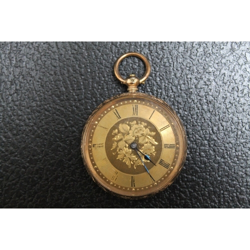 178 - A 14K GOLD OPEN FACED MANUAL WIND POCKET WATCH, with box, Dia 4 cm