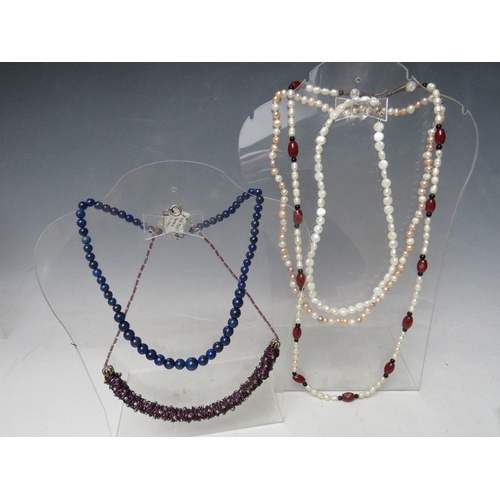 66 - FIVE SILVER MOUNTED BEAD / PEARL TYPE NECKLACES