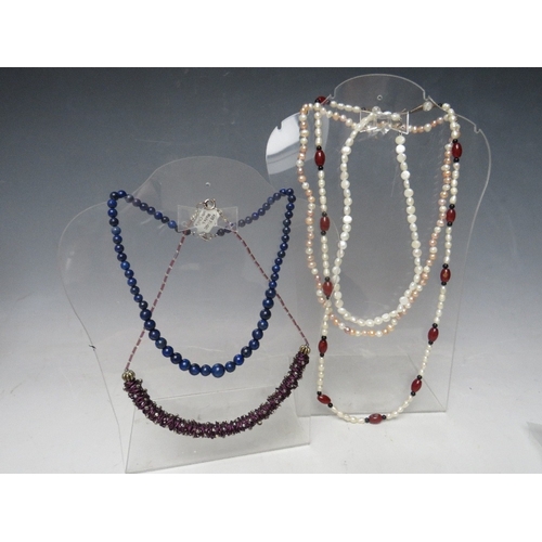 66 - FIVE SILVER MOUNTED BEAD / PEARL TYPE NECKLACES