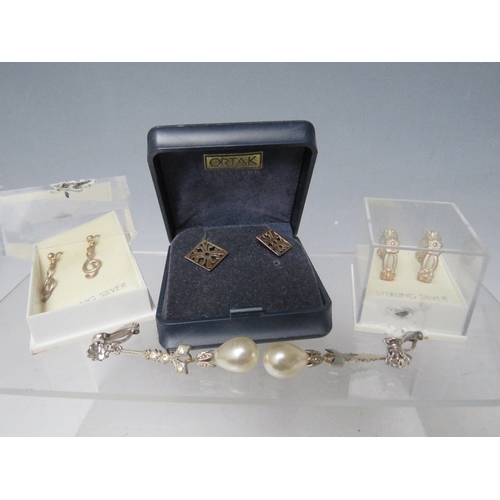 77 - THREE PAIRS OF STERLING SILVER EARRINGS, together with a pair of white metal drop earrings (4)