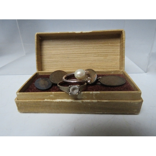 78 - A VINTAGE GOLD ON SILVER CUFFLINKS IN A FITTED STAFFORD JEWELLERS BOX, along with a gold on silver l... 