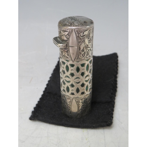 129 - A HALLMARKED SILVER CASED SCENT BOTTLE, H 8 cm