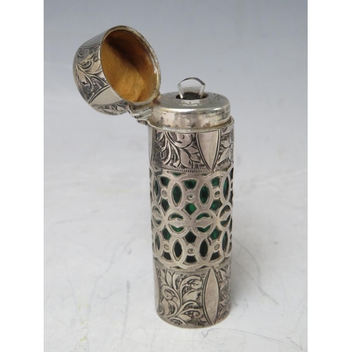 129 - A HALLMARKED SILVER CASED SCENT BOTTLE, H 8 cm