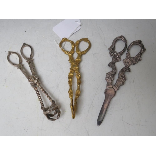 133 - A PAIR OF 19TH CENTURY GILT SUGAR NIPS, together with a silver plated pair of grape scissors (2)
