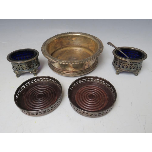 157 - A SMALL PAIR OF HALLMARKED SILVER BOTTLE COASTERS - BIRMINGHAM 1973, Dia. 9.5 cm, along with a plate... 