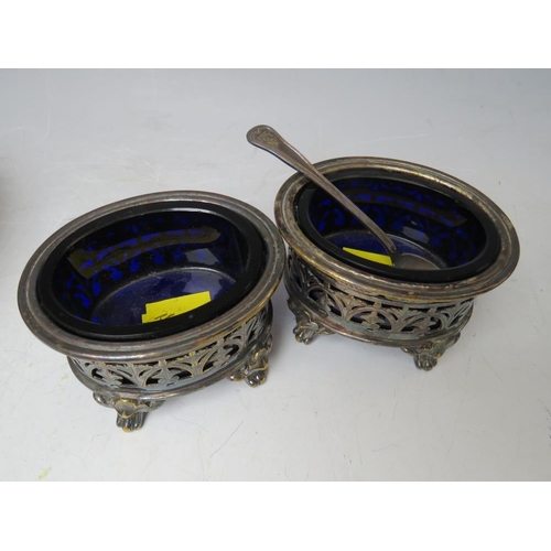 157 - A SMALL PAIR OF HALLMARKED SILVER BOTTLE COASTERS - BIRMINGHAM 1973, Dia. 9.5 cm, along with a plate... 