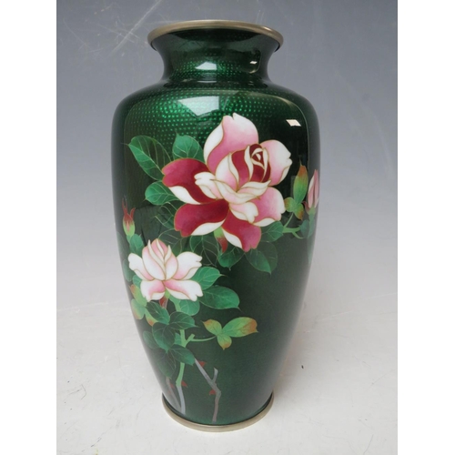 198 - A JAPANESE GINBARI CLOISONNE ENAMEL VASE, with rose decoration, H 19 cm