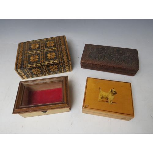 208 - A COLLECTION OF FOUR VARIOUS BOXES, to include one with painted terrier to lid
