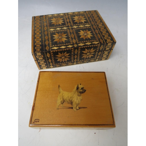 208 - A COLLECTION OF FOUR VARIOUS BOXES, to include one with painted terrier to lid