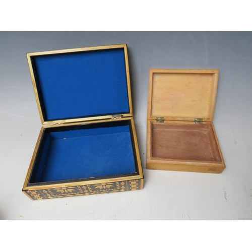 208 - A COLLECTION OF FOUR VARIOUS BOXES, to include one with painted terrier to lid