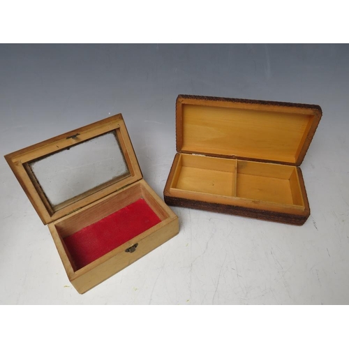 208 - A COLLECTION OF FOUR VARIOUS BOXES, to include one with painted terrier to lid