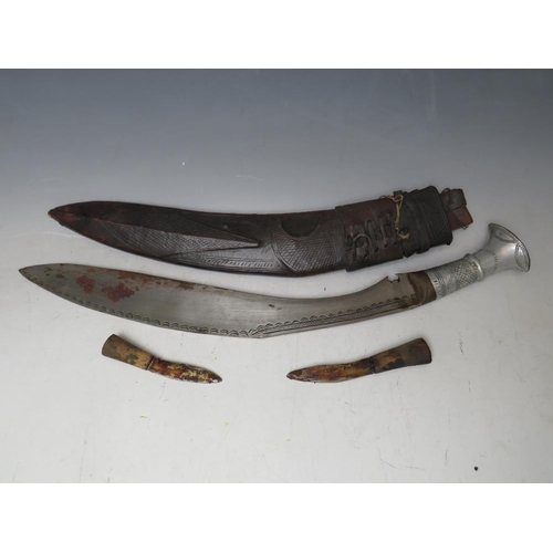 220 - A GURKHA KUKRI KNIFE IN LEATHER COVERED SHEATH, and with two smaller knives, blade L 41 cm, overall ... 