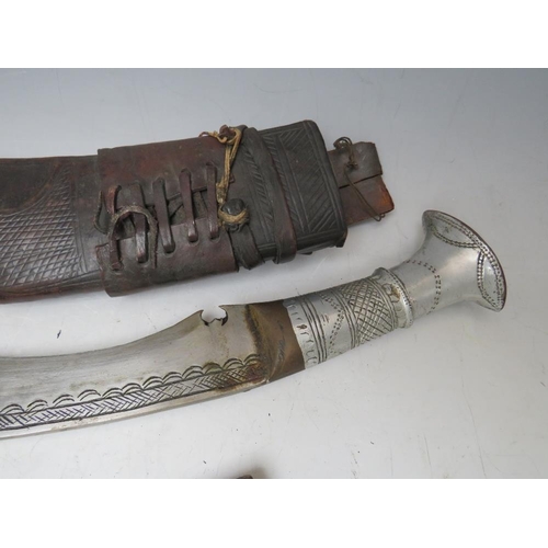 220 - A GURKHA KUKRI KNIFE IN LEATHER COVERED SHEATH, and with two smaller knives, blade L 41 cm, overall ... 