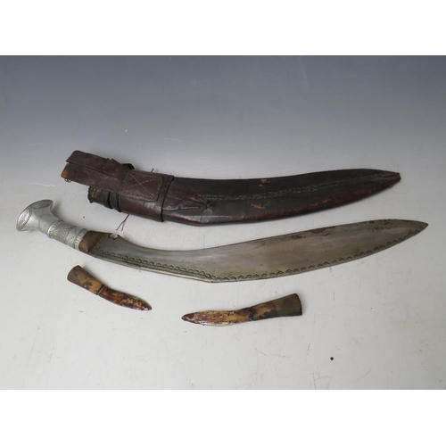 220 - A GURKHA KUKRI KNIFE IN LEATHER COVERED SHEATH, and with two smaller knives, blade L 41 cm, overall ... 