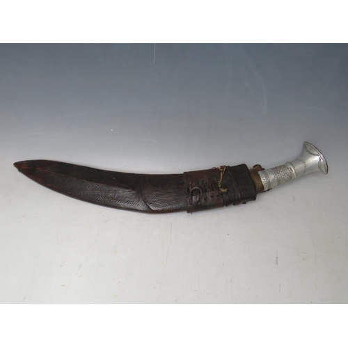 220 - A GURKHA KUKRI KNIFE IN LEATHER COVERED SHEATH, and with two smaller knives, blade L 41 cm, overall ... 